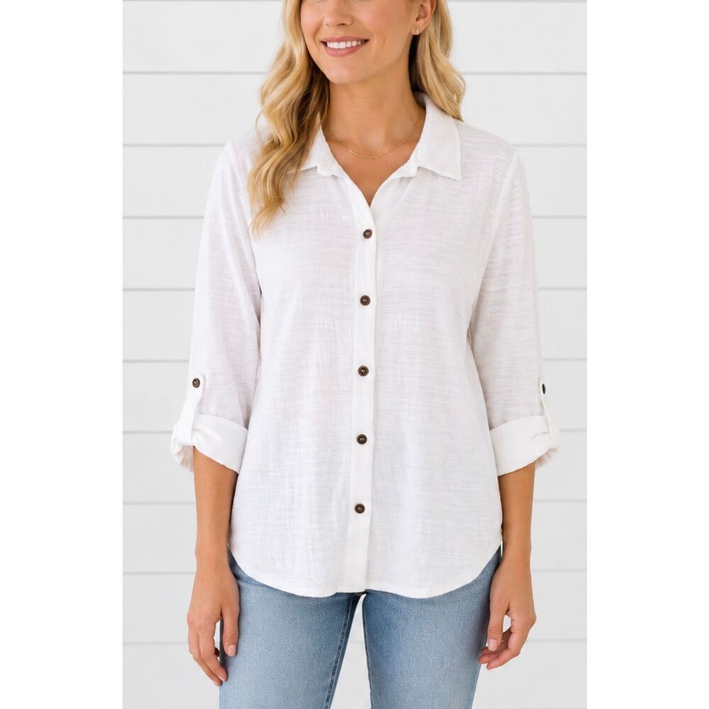 Jane & Delancey white button front rolled sleeve blouse L